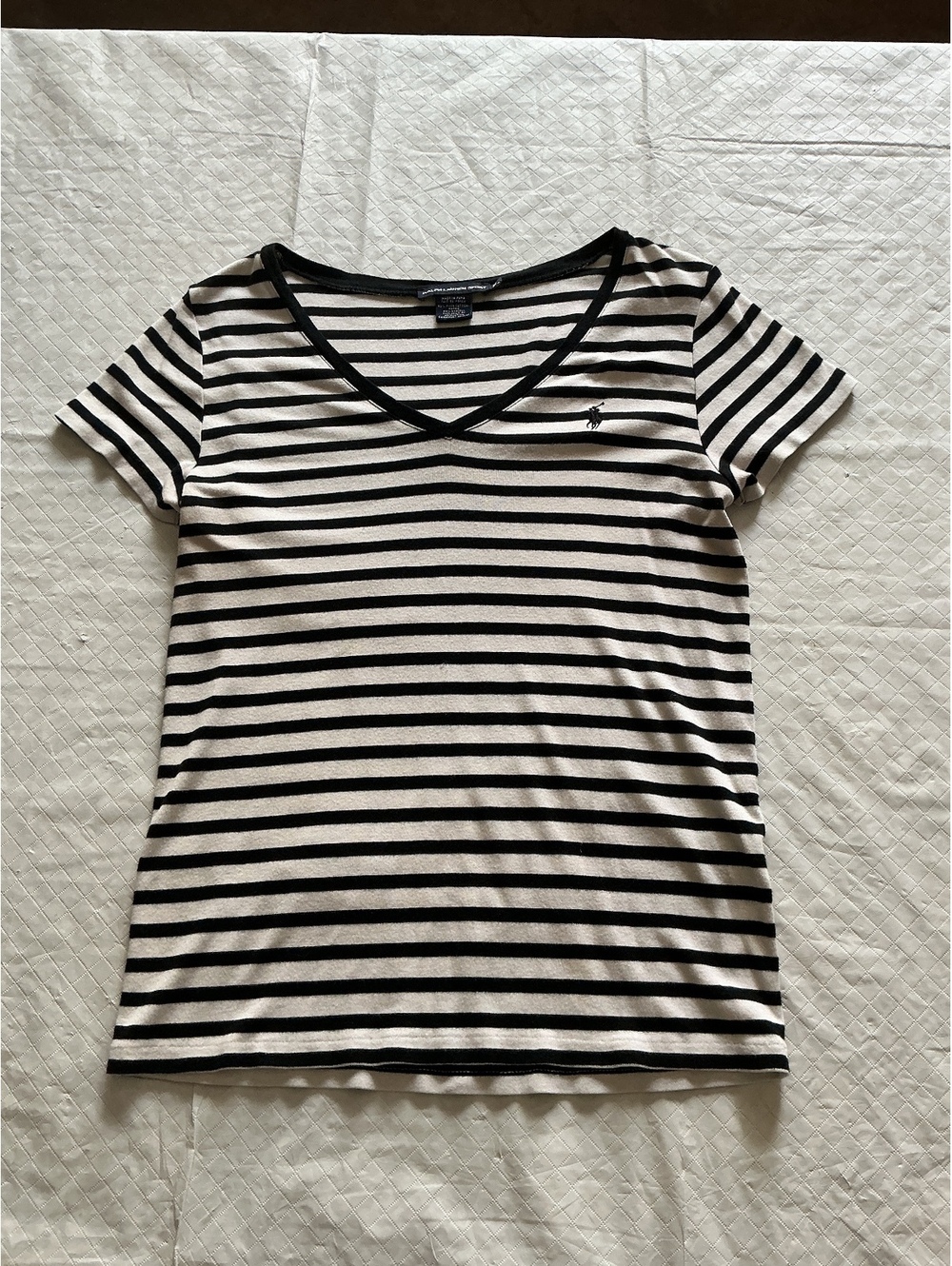 Ralph Lauren Sport XL Shirt Women Black White Stripe V Neck Tee Logo Casual